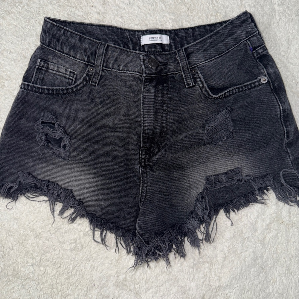 Forever 21 Black Jean Shorts Distressed Frayed Hem